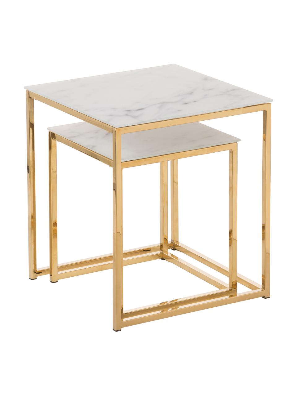 Set 2 tavolini con piano in vetro marmorizzato Aruba, Piani in vetro stampato: bianco opaco marmorizzato Strutture: dorato, Set in varie misure