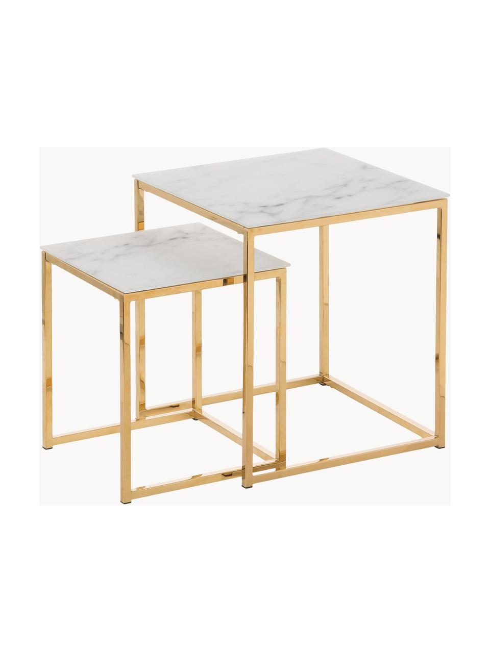 Set 2 tavolini con piano in vetro marmorizzato Aruba, Bianco effetto marmo. dorato, Set in varie misure