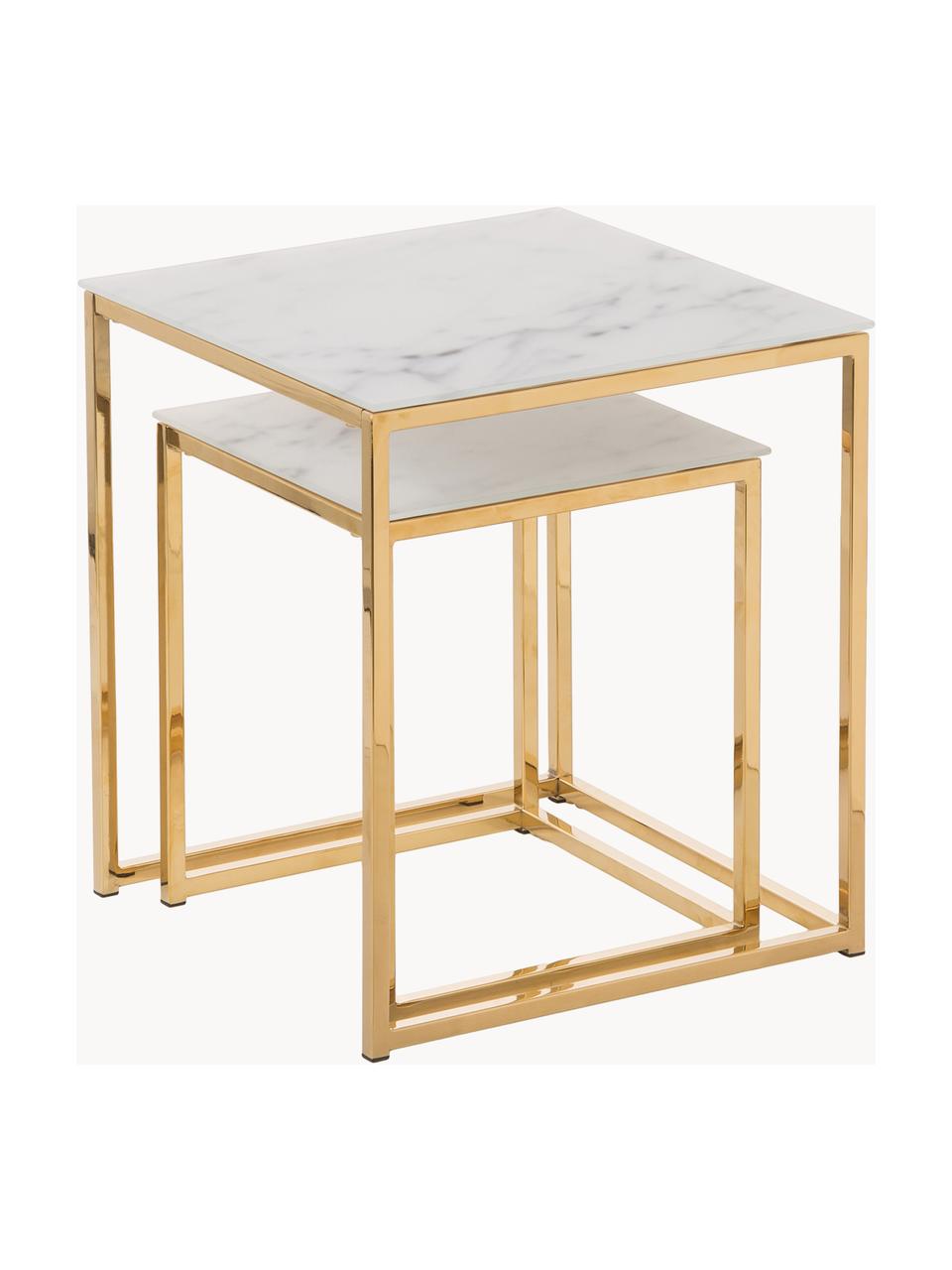 Set di 2 tavolini con piano in vetro effetto marmo Aruba, Bianco effetto marmo, oro, Set in varie misure
