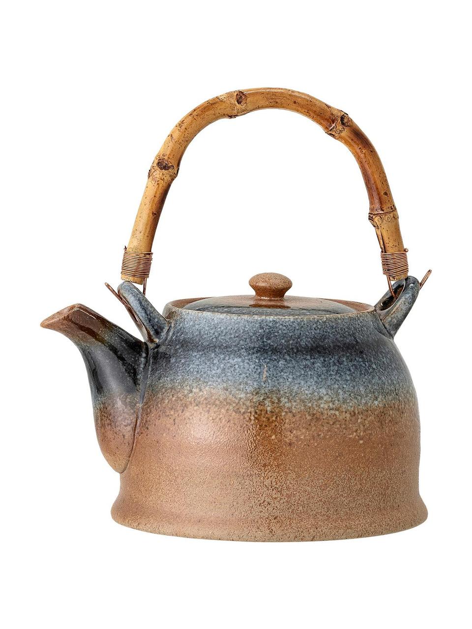 Handgemaakte porseleinentheepot Aura met theezeef en bamboe handgreep, 1 L, Pot: porselein, Beige- en blauwtinten, 1 L