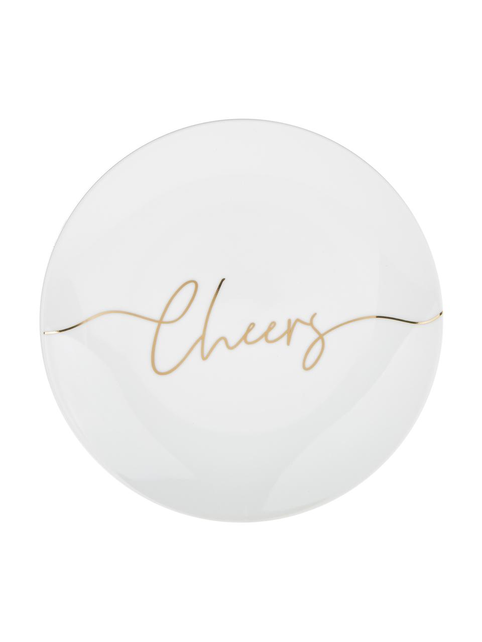 Assiettes à dessert en porcelaine Cheers, 4 élém., Porcelaine, Blanc, couleur dorée, Ø 21 cm
