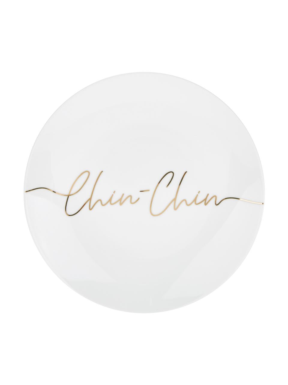 Plato postre de porcelana Cheers, 4 uds., Porcelana, Blanco, latón brillante, Ø 21 cm