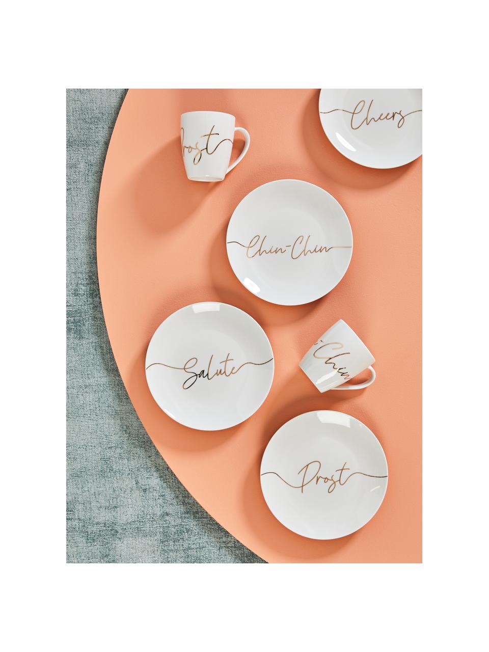 Plato postre de porcelana Cheers, 4 uds., Porcelana, Blanco, latón brillante, Ø 21 cm