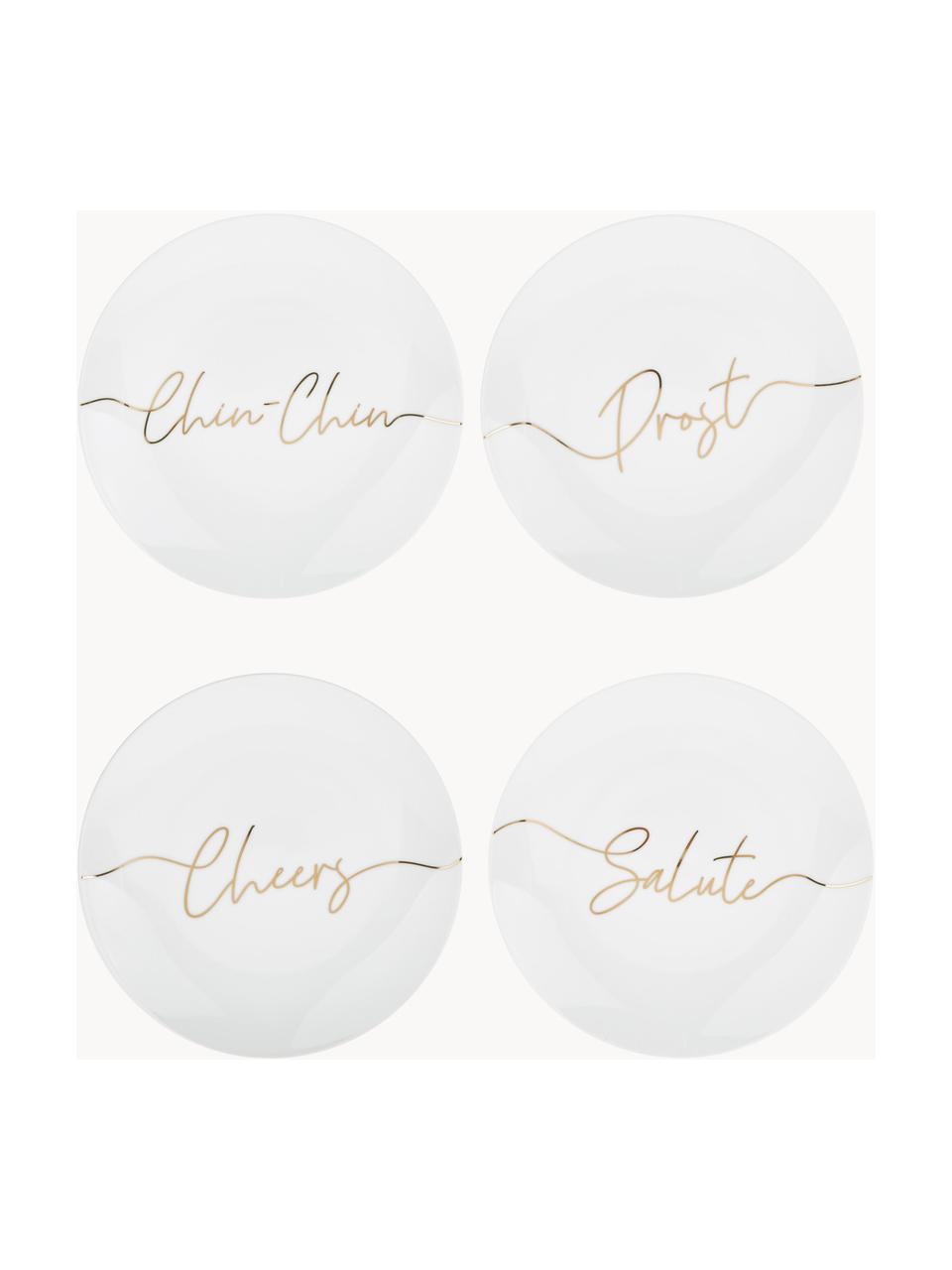 Plato postre de porcelana Cheers, 4 uds., Porcelana, Blanco, latón brillante, Ø 21 cm