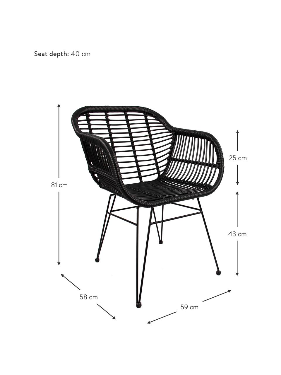 Krzesło z podłokietnikami z polirattanu Costa, 2 szt., Stelaż: metal malowany proszkowo, Czarny, S 59 x G 58 cm