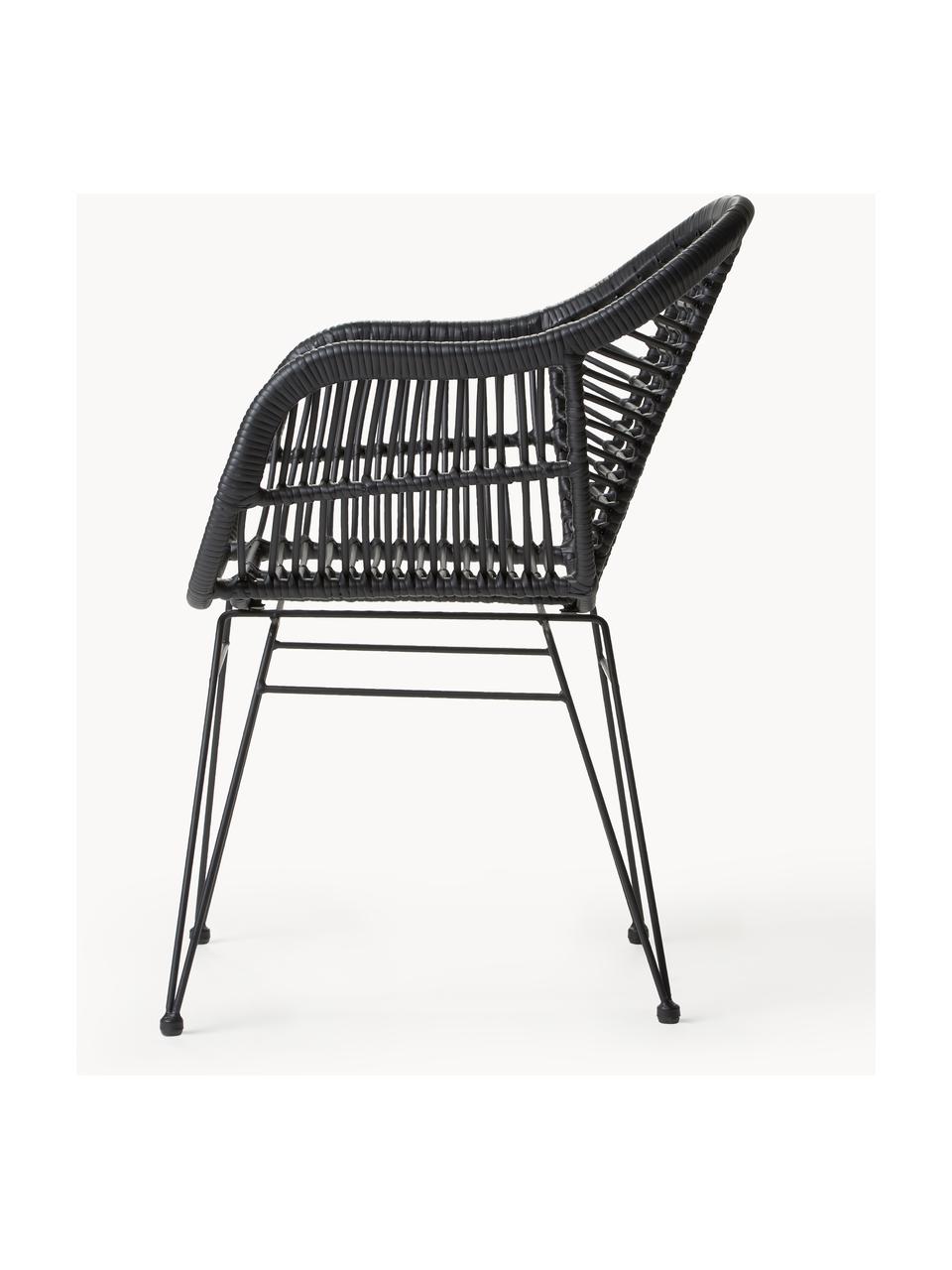 Sillas de ratán con reposabrazos Costa, 2 uds., Asiento: malla de polietileno, Estructura: metal con pintura en polv, Negro, An 59 x F 58 cm