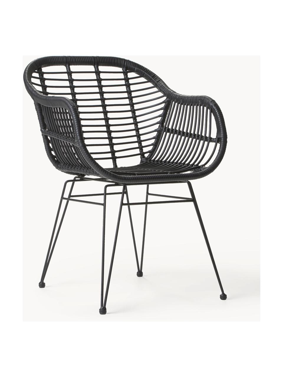 Sillas de ratán con reposabrazos Costa, 2 uds., Asiento: polietileno, Estructura: metal con pintura en polv, Negro, An 59 x F 58 cm