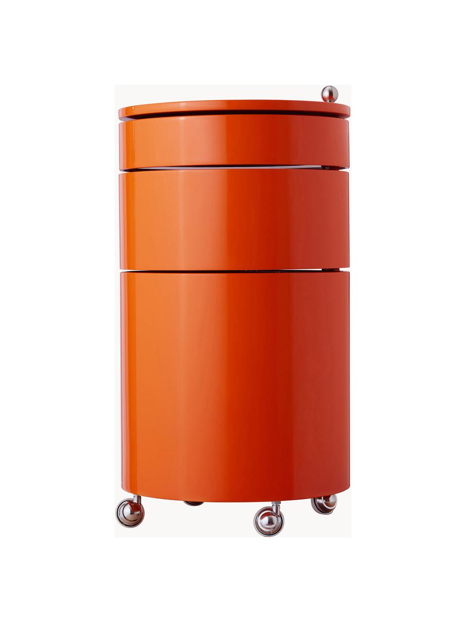 Runder Rollcontainer Barboy, Design Verner Panton, Korpus: Holz, lackiert, Griff: Metall, verchromt, Rollen: Kunststoff, Orange, glänzend, Ø 38 x H 73 cm