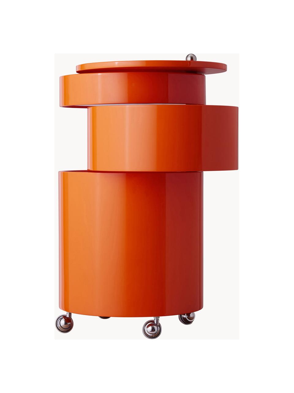 Runder Rollcontainer Barboy, Design Verner Panton, Korpus: Holz, lackiert, Griff: Metall, verchromt, Rollen: Kunststoff, Orange, glänzend, Ø 38 x H 73 cm