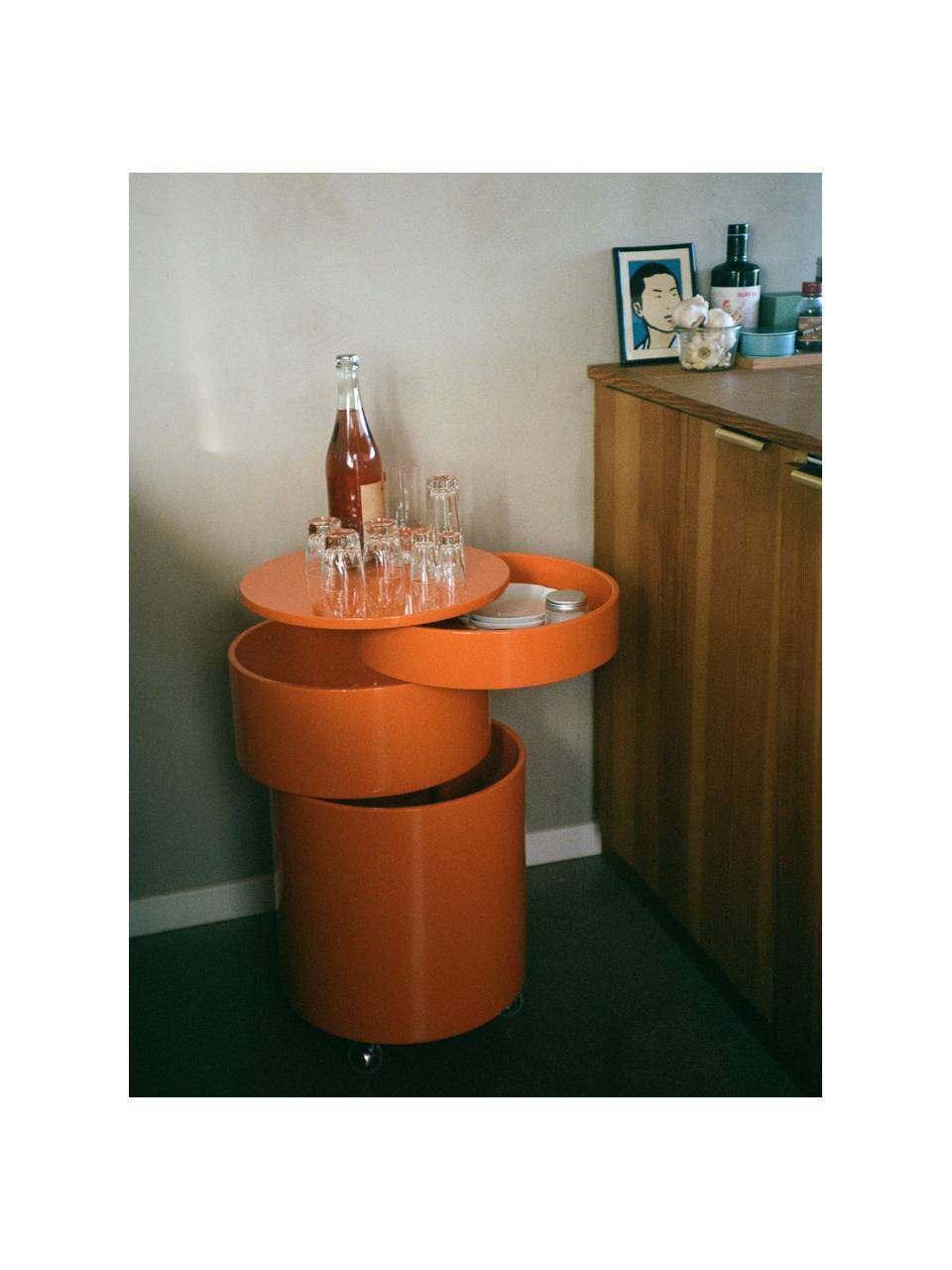 Runder Rollcontainer Barboy, Design Verner Panton, Korpus: Holz, lackiert, Griff: Metall, verchromt, Rollen: Kunststoff, Orange, glänzend, Ø 38 x H 73 cm