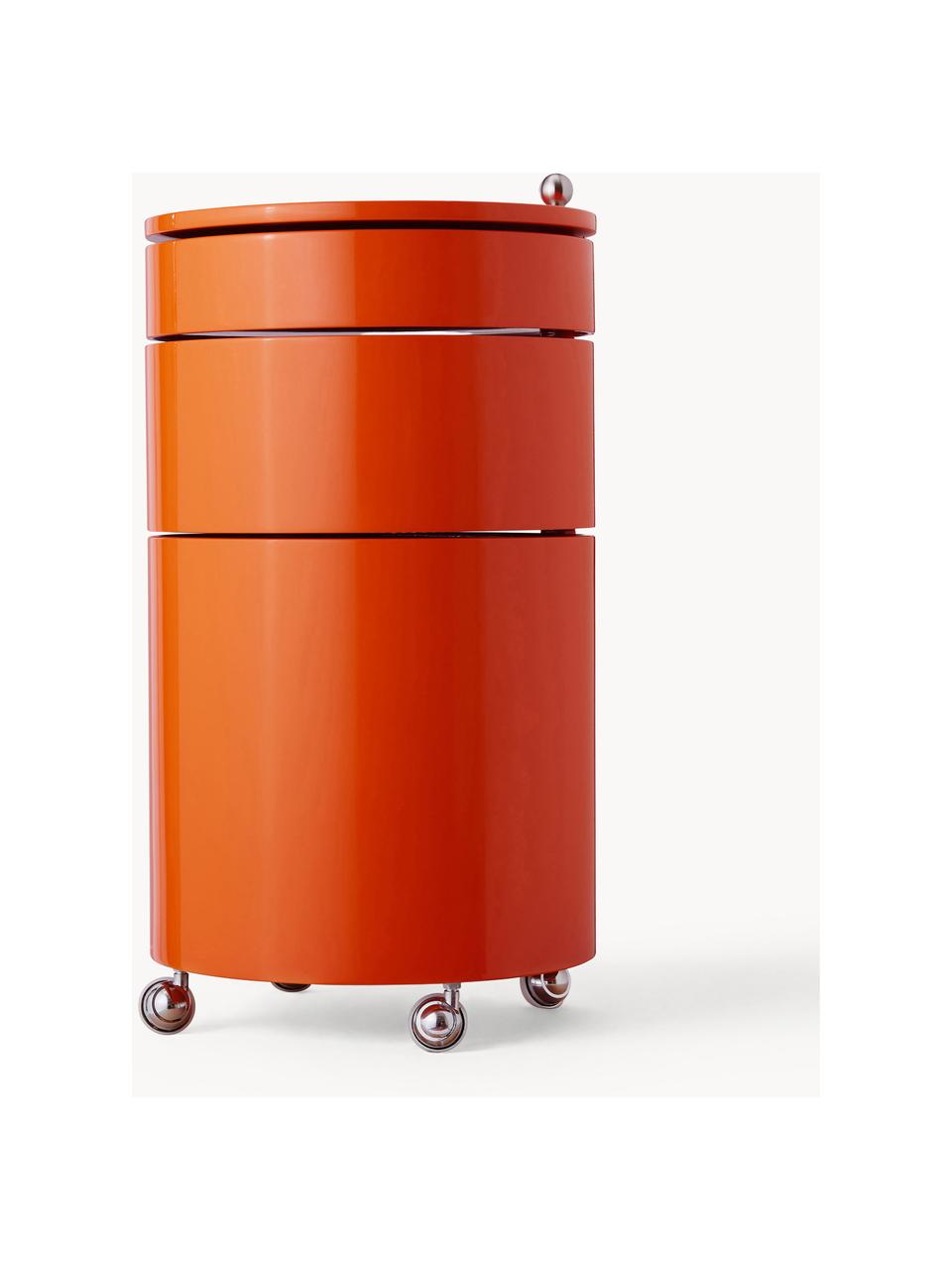 Runder Rollcontainer Barboy, Design Verner Panton, Korpus: Holz, lackiert, Griff: Metall, verchromt, Rollen: Kunststoff, Orange, glänzend, Ø 38 x H 73 cm