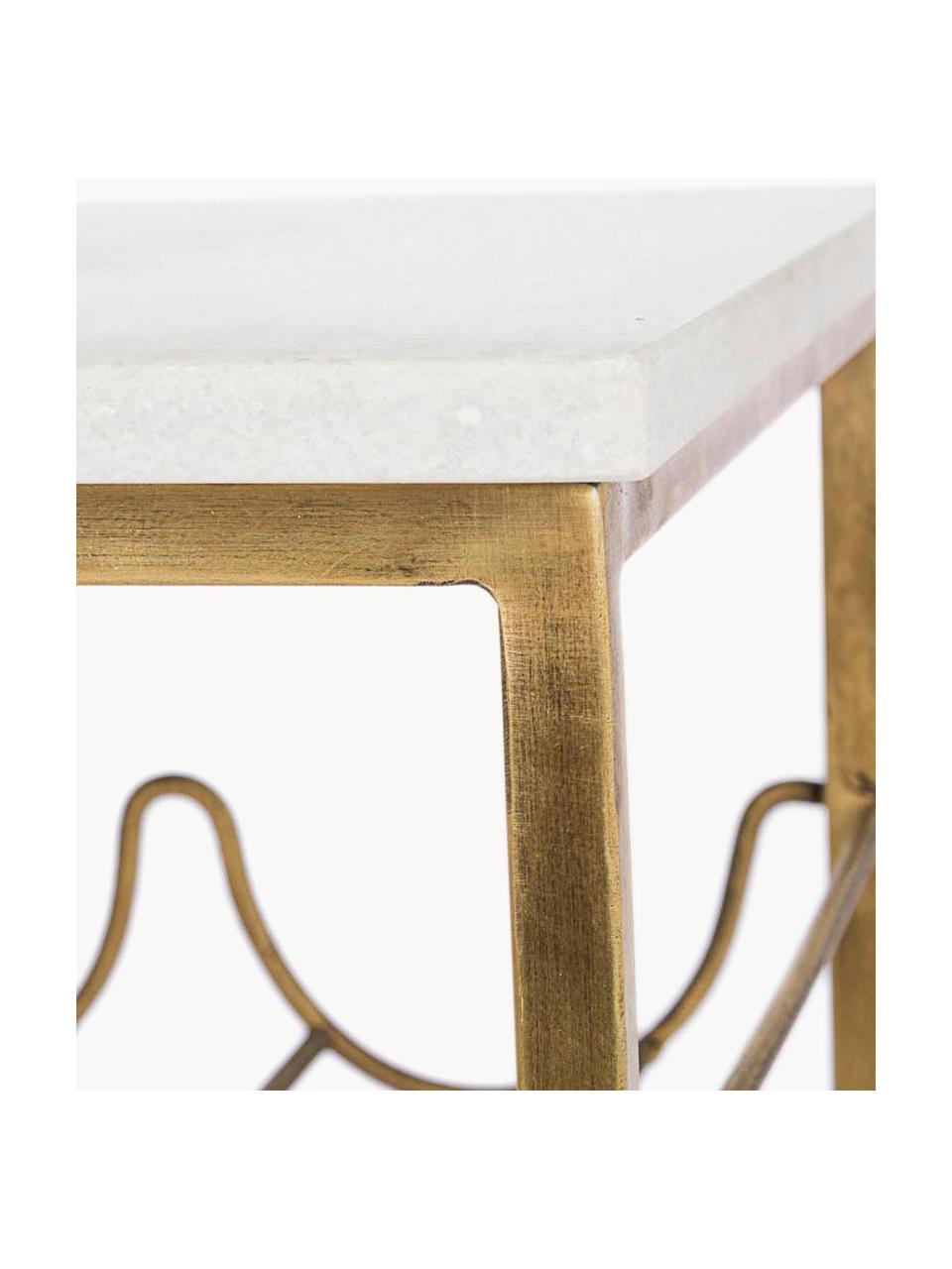 Tavolino con piano in marmo e portabottiglie Marmol, Struttura: acciaio ottonato, Marmo bianco, ottonato, Larg. 39 x Prof. 29 cm