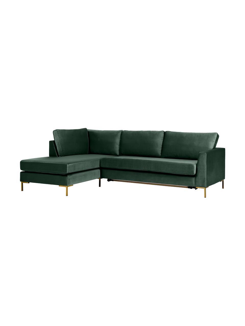 Divano letto 3 posti in velluto con materasso Luna, Rivestimento: 100% poliestere, certific, Struttura: legno di faggio massiccio, Piedini: metallo galvanizzato, Velluto verde scuro, Larg. 270 x Prof. 184 cm, chaise-longue a sinistra