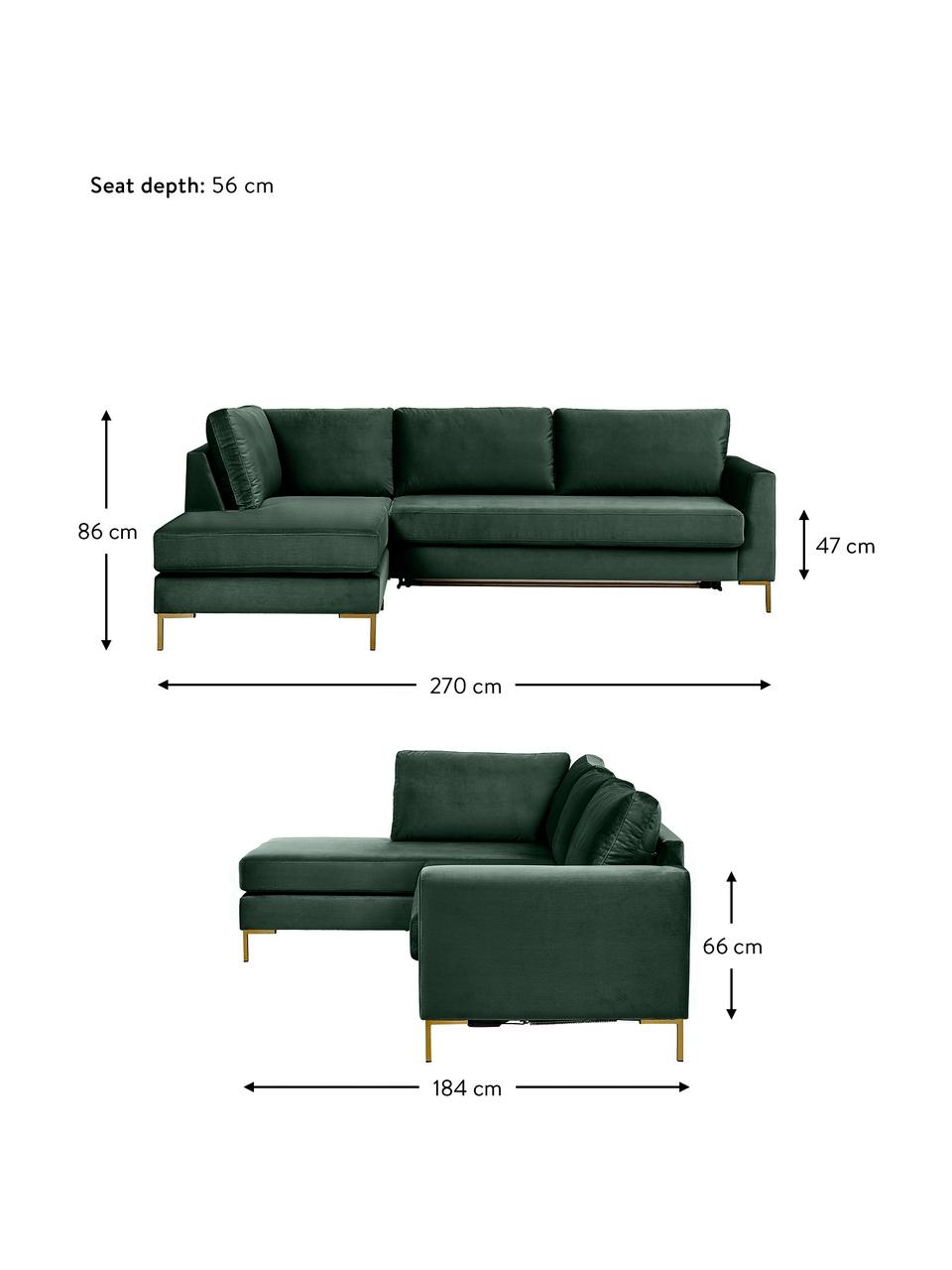 Fluwelen slaapbank Luna met metalen poten, Bekleding: 100% polyester, Oeko-Tex , Frame: massief beukenhout, multi, Fluweel donkergroen, B 270 x D 184 cm, hoekdeel links