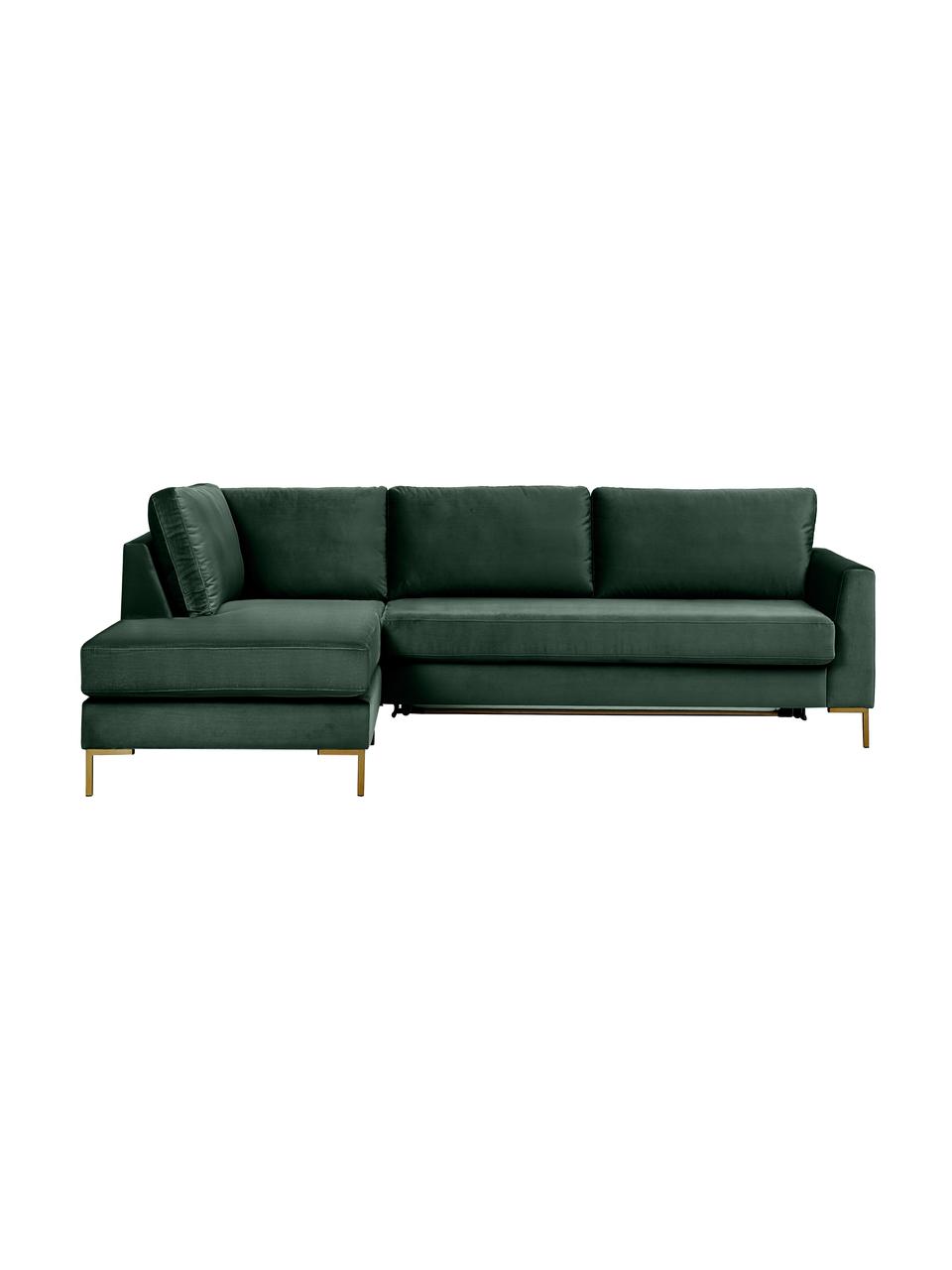 Rozkładana sofa narożna z aksamitu Luna (3-osobowa), Tapicerka: 100% poliester, certyfika, Stelaż: lite drewno bukowe, drewn, Nogi: metal galwanizowany, Ciemnozielony aksamit, S 270 x G 184 cm, lewostronna