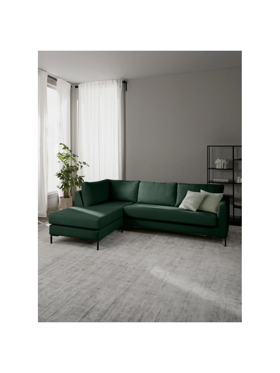 Canapé d'angle convertible en velours pieds en métal Luna, Velours vert foncé, larg. 270 x prof. 184 cm, méridienne à gauche