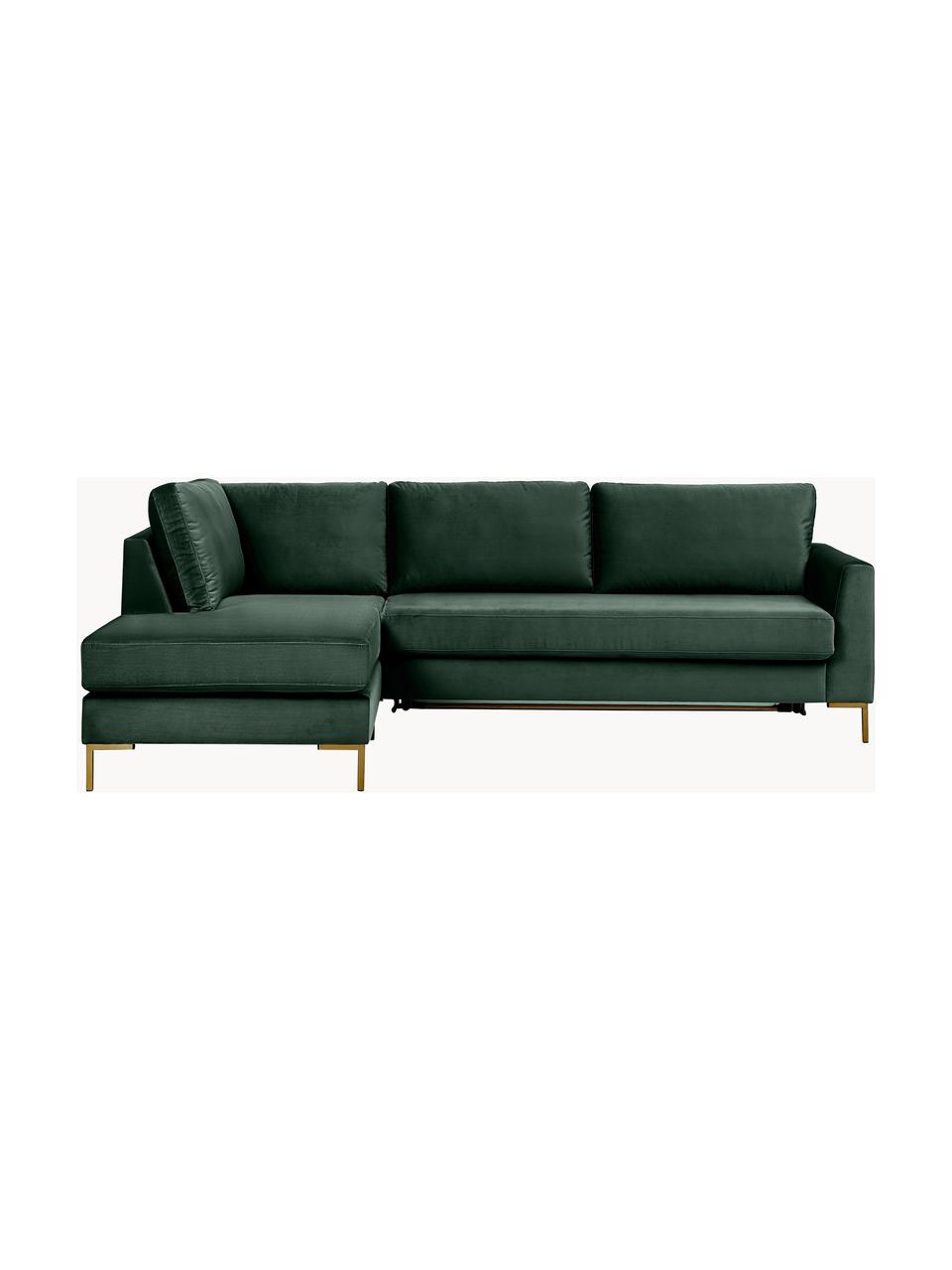 Divano letto 3 posti in velluto con materasso Luna, Rivestimento: 100% poliestere Il rivest, Struttura: legno massiccio di faggio, Velluto verde scuro, Larg. 270 x Prof. 184 cm, chaise-longue a sinistra