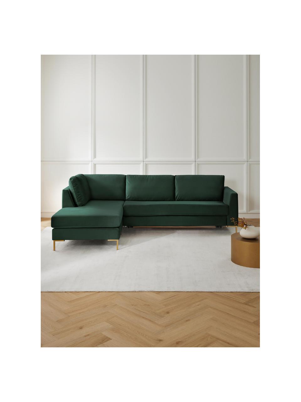 Canapé d'angle convertible 3 places en velours avec matelas Luna, Velours vert foncé, larg. 270 x prof. 184 cm, méridienne à gauche