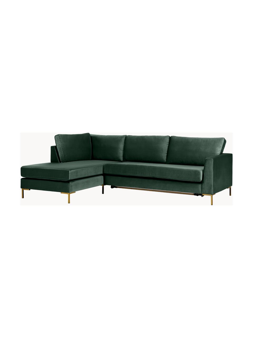 Divano letto 3 posti in velluto con materasso Luna, Rivestimento: 100% poliestere Il rivest, Struttura: legno massiccio di faggio, Velluto verde scuro, Larg. 270 x Prof. 184 cm, chaise-longue a sinistra