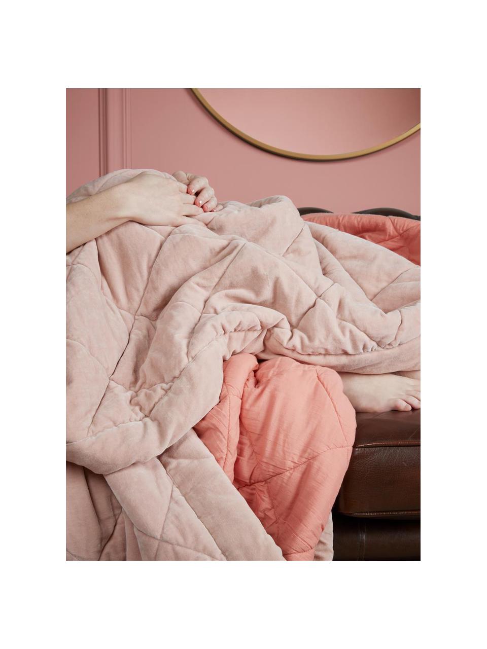 Gesteppte Samt-Tagesdecke Ogibly in Rosa, 100% Baumwolle, Hellrosa, Lachsfarben, B 180 x L 260 cm (für Betten bis 140 x 200 cm)