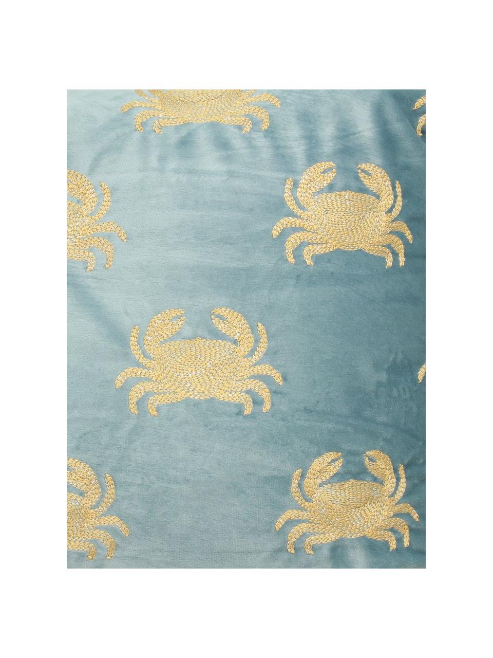 Geborduurd fluwelen kussen Crab, met vulling, 100% fluweel, Blauw, goudkleurig, B 40 x L 55 cm