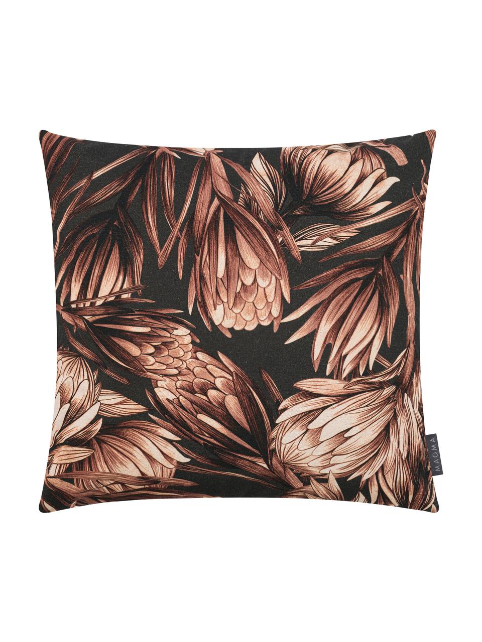 Kissenhülle Protea mit Blumenmuster, 85% Baumwolle, 15% Leinen, Anthrazit, Brauntöne, 50 x 50 cm