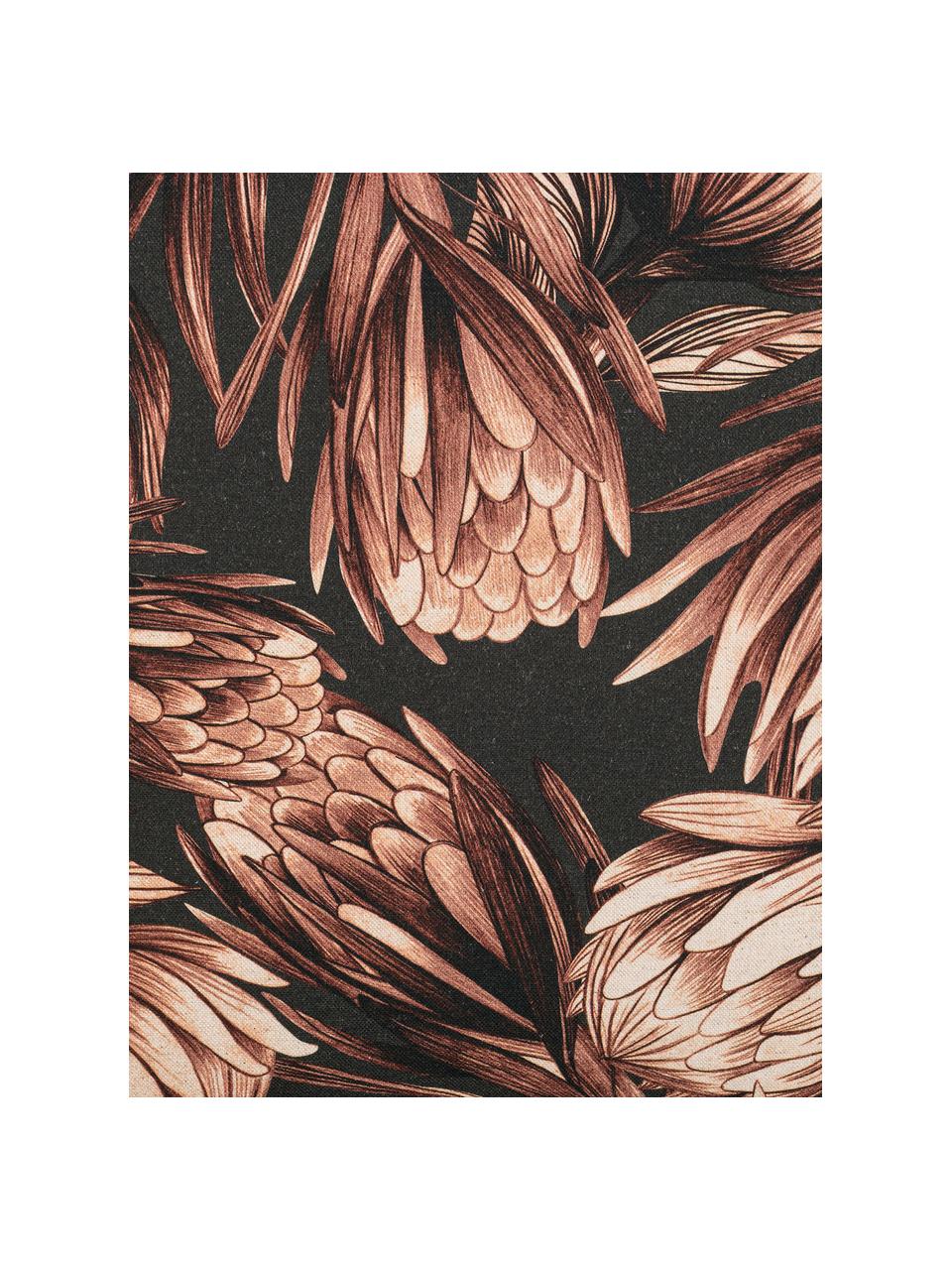 Kissenhülle Protea mit Blumenmuster, 85% Baumwolle, 15% Leinen, Anthrazit, Brauntöne, 50 x 50 cm