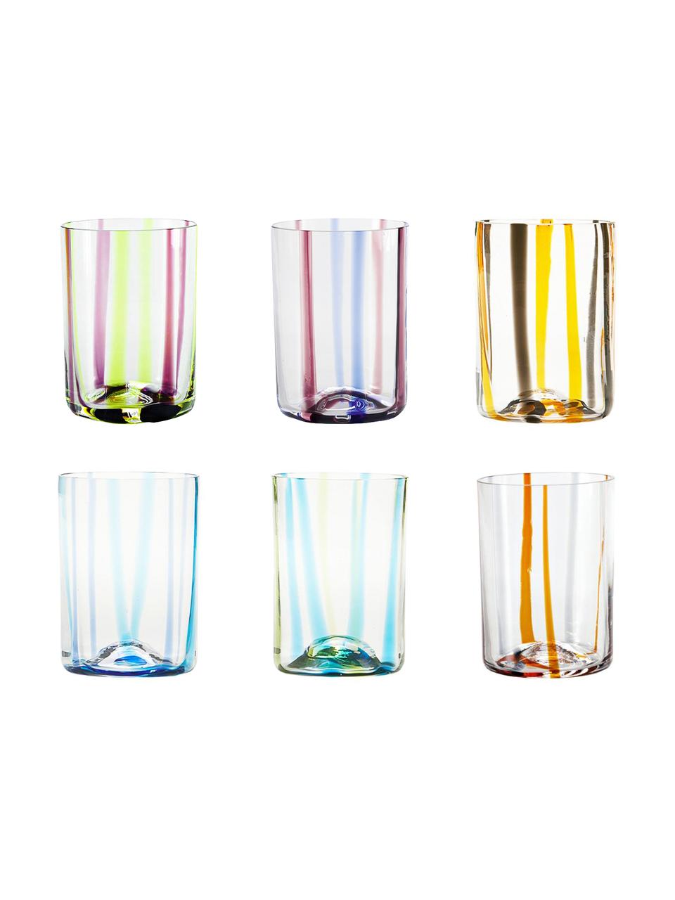 Mondgeblazen waterglazenset Tirache met kleurrijke strepen, 6-delig, Glas, Multicolour, Ø 7 x H 10 cm, 350 ml