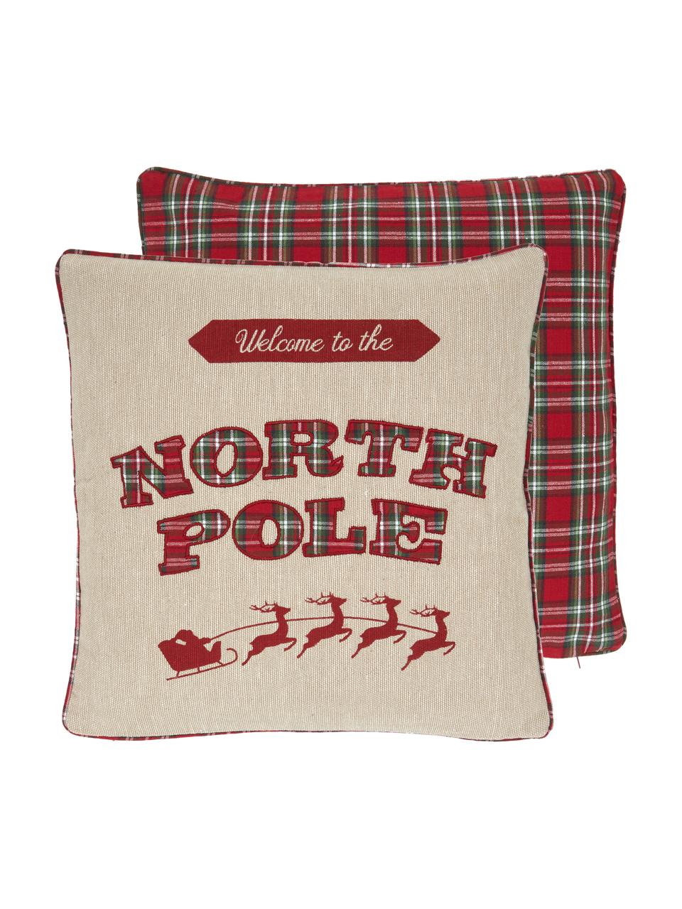 Bestickte Wendekissenhülle North Pole mit karierter Rückseite, 100% Baumwolle, Beige, 45 x 45 cm