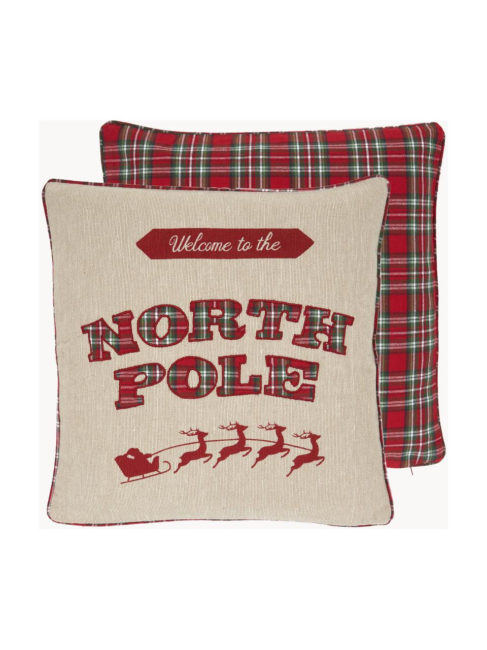 Dwustronna poszewka na poduszkę z haftem North Pole, 100% bawełna, Beżowy, czerwony, S 45 x D 45 cm