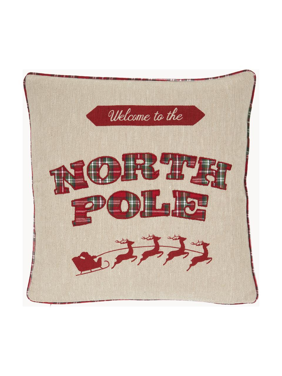 Dwustronna poszewka na poduszkę z haftem North Pole, 100% bawełna, Beżowy, czerwony, S 45 x D 45 cm