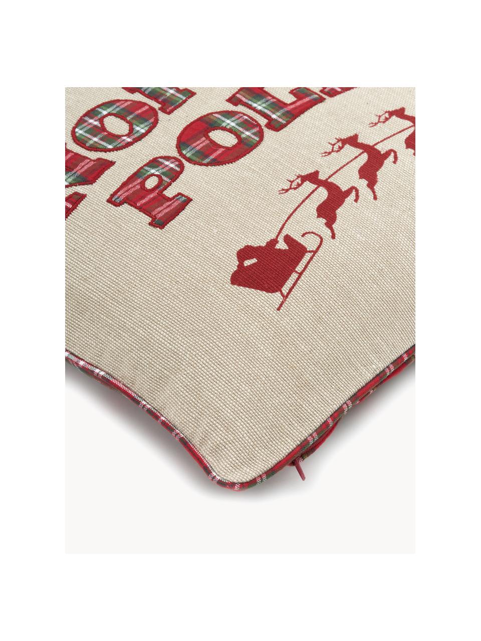 Geborduurde dubbelzijdige kussenhoes North Pole met borduurwerk, 100% katoen, Beige, rood, B 45 x L 45 cm