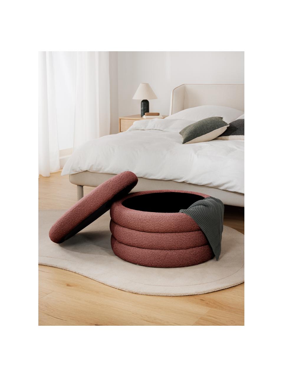 Puf grande en tejido bouclé Alto, con espacio de almacenamiento, Tapizado: tejido bouclé (100% polié, Estructura: madera de pino maciza, ma, Bouclé rojo indio, Ø 69 x Al 44 cm