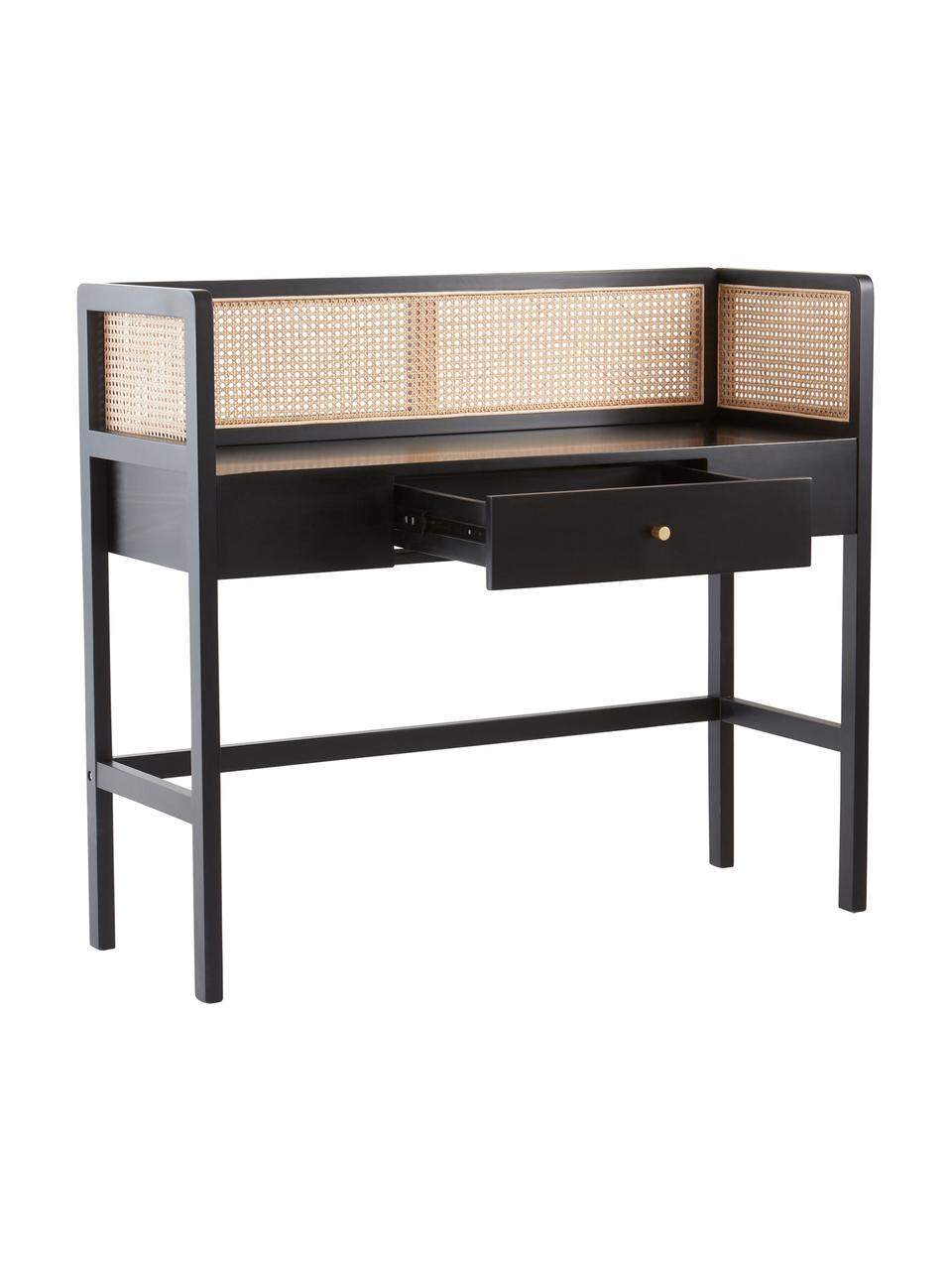 Bureau avec cannage Kimpton, Noir, larg. 116 x prof. 42 cm