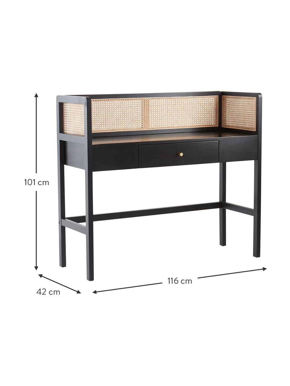 Bureau avec cannage Kimpton, Noir, larg. 116 x prof. 42 cm