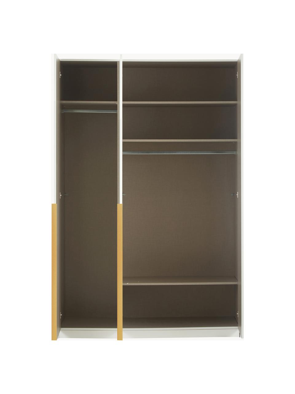 Drehtürenschrank Mia, 3-türig, Holzwerkstoff aus heimischen Hölzern aus nachhaltiger Forstwirtschaft, beschichtet, Weiß, Goldfarben, B 136 x H 210 cm