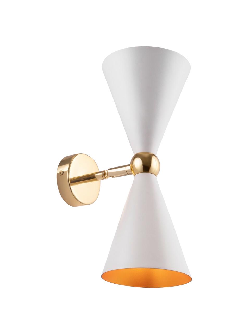 Retro wandlamp Vesper met goudkleurige decoratie, Frame: gecoat metaal, Wit, goudkleurig, D 18 x H 32 cm