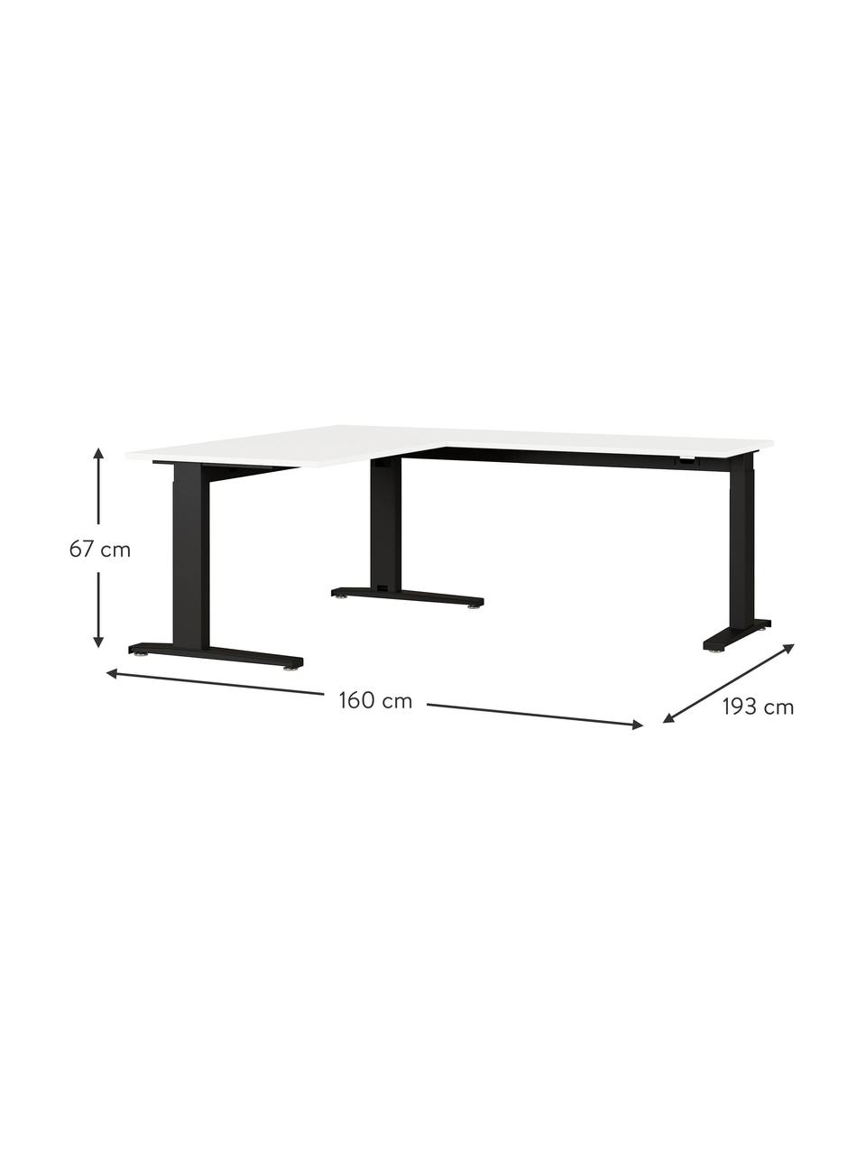 In hoogte verstelbare hoekbureau Easy, Tafelblad: spaanplaat met melamineha, Frame: gepoedercoat metaal, Gebroken wit, zwart, B 160 x D 193 cm