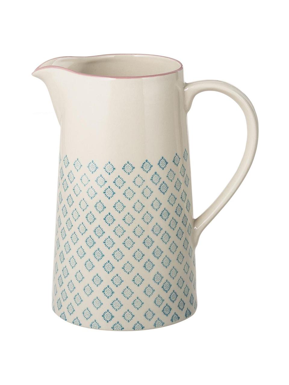 Handbeschilderde waterkan Patrizia met een speels patroon, 2 L, Keramiek, Crèmewit, blauw, roze, 2 L