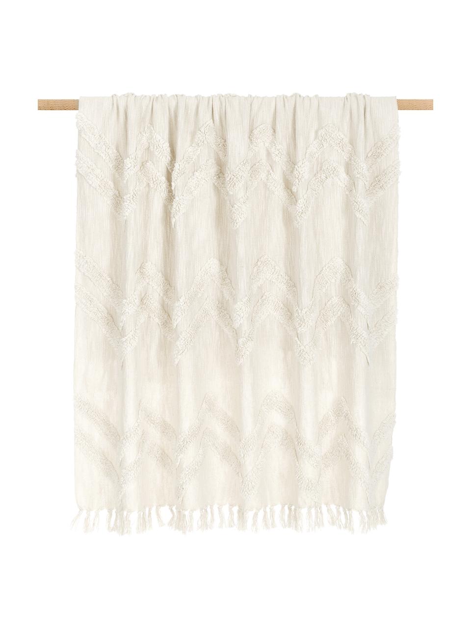 Plaid blanc écru coton bohème Akesha, 100 % coton, Écru, larg. 130 x long. 170 cm
