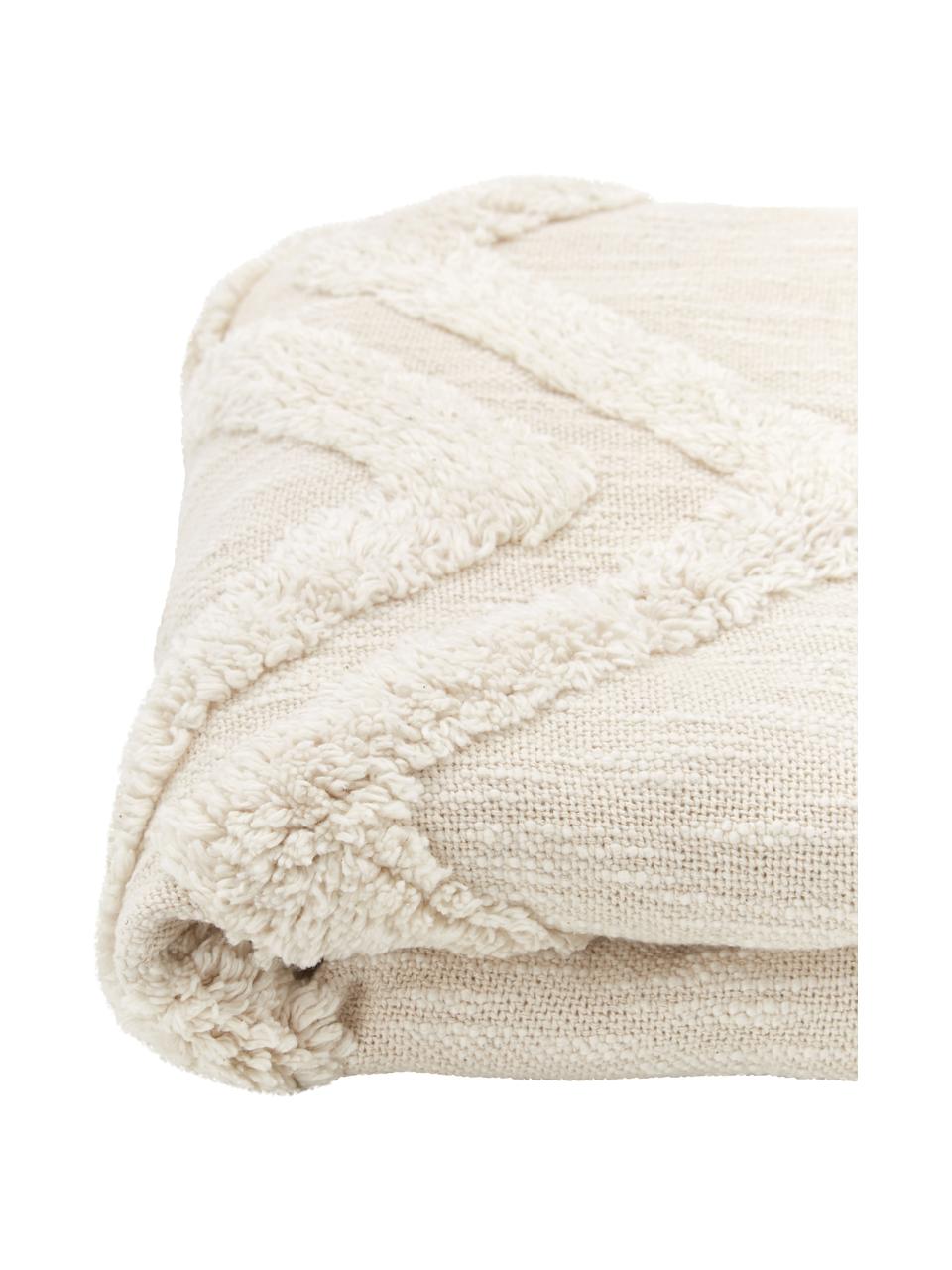 Plaid blanc écru coton bohème Akesha, 100 % coton, Couleur crème, larg. 130 x long. 170 cm