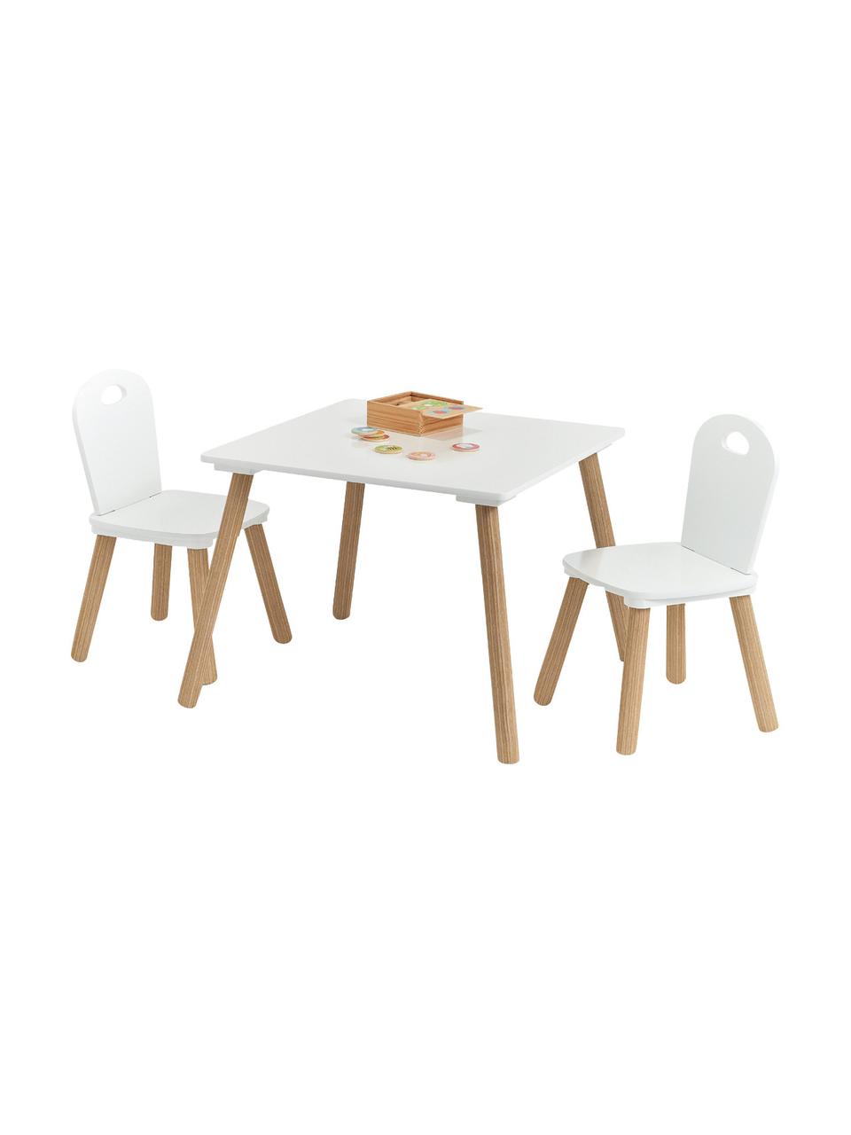 Kindertisch-Set Scandi, 3-tlg., Beine: Kiefer mit Kunststoffbesc, Weiss, Helles Holz, Set mit verschiedenen Grössen