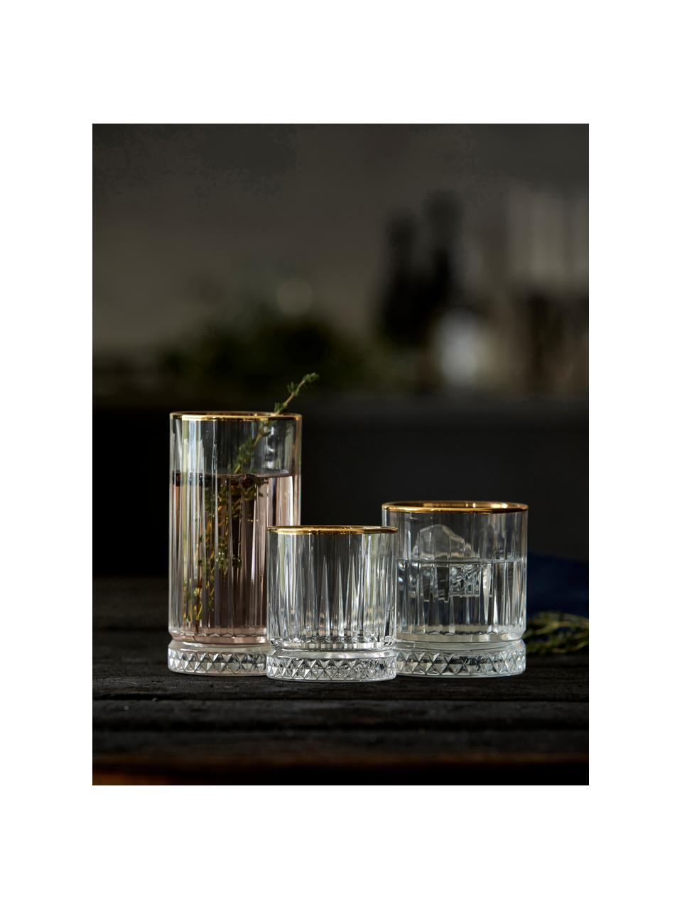 Vasos de whisky con relieve Firenz, 4 uds., Vidrio, Transparente, dorado, Ø 9 x Al 10 cm, 350 ml