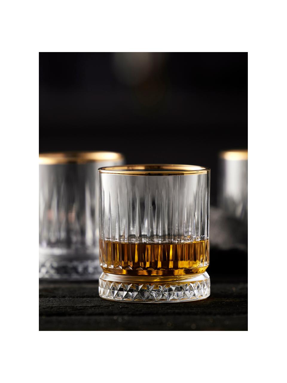 Vasos de whisky con relieve Firenz, 4 uds., Vidrio, Transparente, dorado, Ø 9 x Al 10 cm, 350 ml