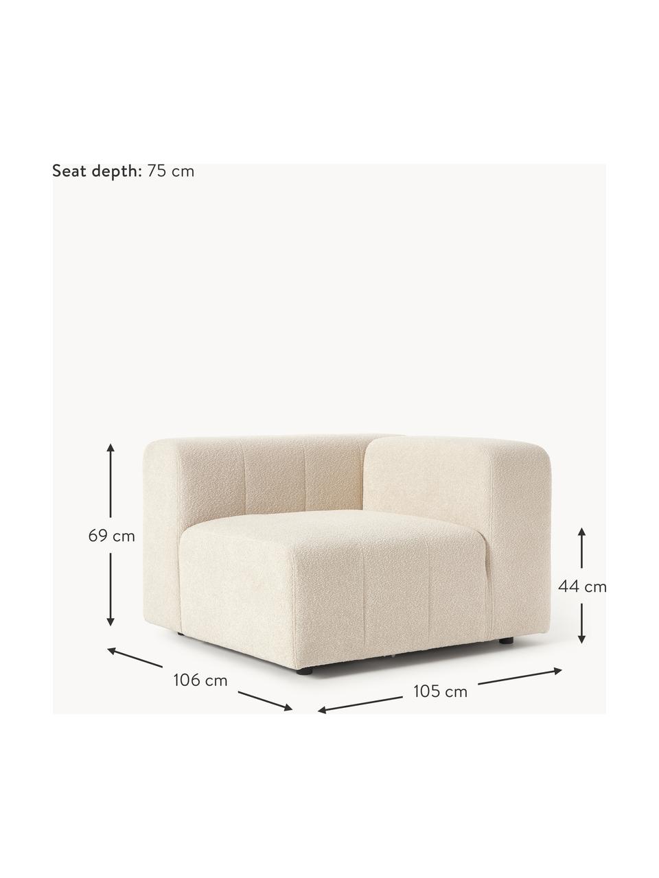 Bouclé hoekmodule Lena, Bekleding: bouclé (93% polyester, 6%, Frame: grenenhout, multiplex, ha, Poten: kunststof, Bouclé lichtbeige, B 105 x D 106 cm, hoekdeel links