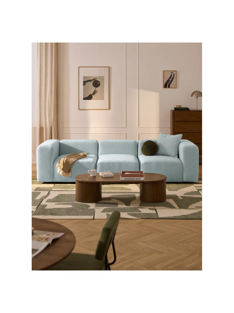 Divano componibile 4 posti in bouclé Lena, Rivestimento: bouclé (93% poliestere, 6, Struttura: legno di faggio, truciola, Piedini: plastica, Bouclé azzurro, Larg. 287 x Prof. 106 cm