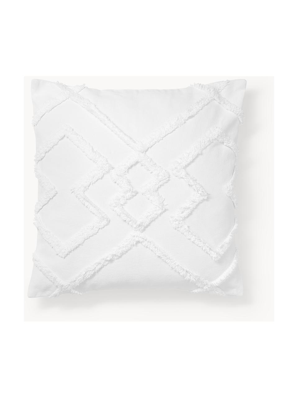 Housse de coussin 50x50 en percale de coton avec ornements tuftés Faith, 100 % coton, Blanc, larg. 50 x long. 50 cm