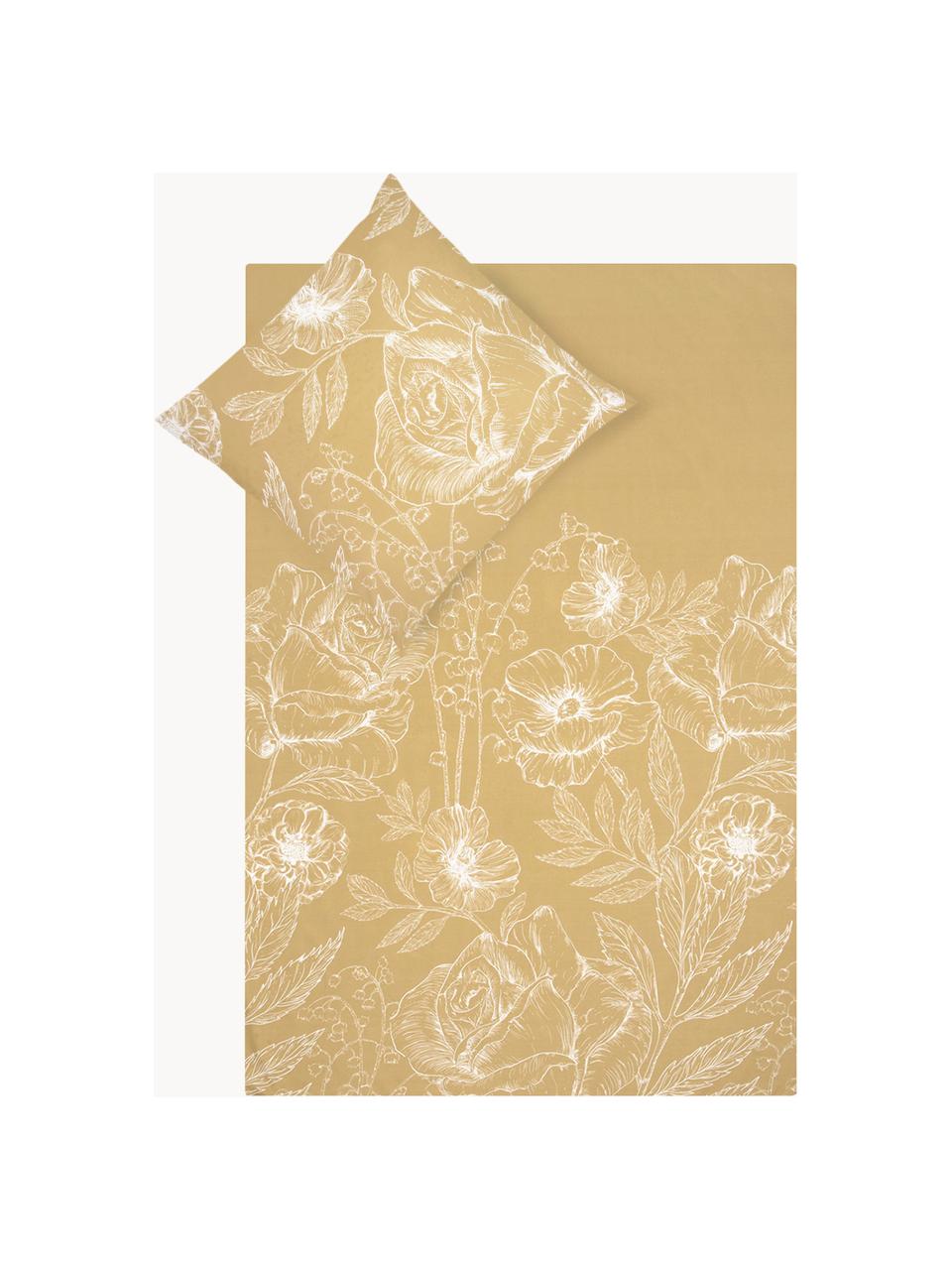 Perkálové povlečení s květinovým potiskem Keno, Hořčičná žlutá, bílá, 140 x 200 cm + 1 polštář 80 x 80 cm