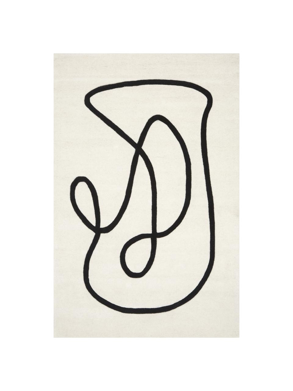 Handgetuft wollen vloerkleed Line in crèmewit/zwart met One Line tekening, Bovenzijde: 100% wol, Onderzijde: 100% katoen Bij wollen vl, Beige, B 120 x L 180 cm (maat S)