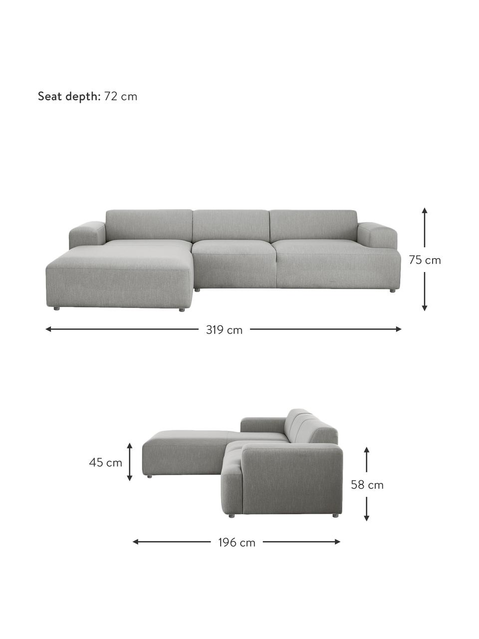 Sofa narożna Melva (4-osobowa), Tapicerka: 100% poliester Dzięki tka, Stelaż: lite drewno sosnowe z cer, Nogi: tworzywo sztuczne, Szara tkanina, S 319 x G 196 cm, lewostronna